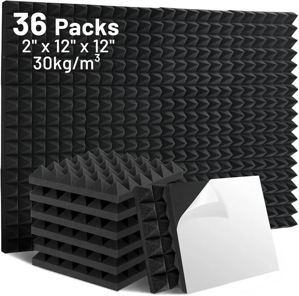 Focusound 36 Pack Sound Proof Foam Panels, 12" X 12" X 2" Pyramid Acoustic Foam Panels With Self-Adhesive, High Density Noise Reduction Soundproofing Panels for Office Studio Game Room(Black)
