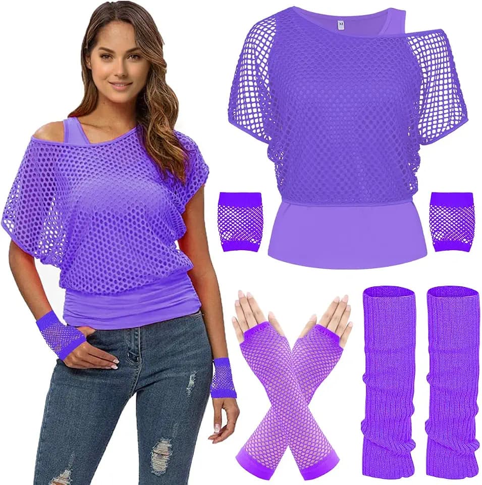 WILDPARTY 80s Fancy Dress Fishnet Top for Women, Tank Top, Leg Warmers, Fishnet Gloves, 1980s Costumes Neon Off Shoulder Fishnet T-Shirt Accessories Retro Theme Party Cosplay