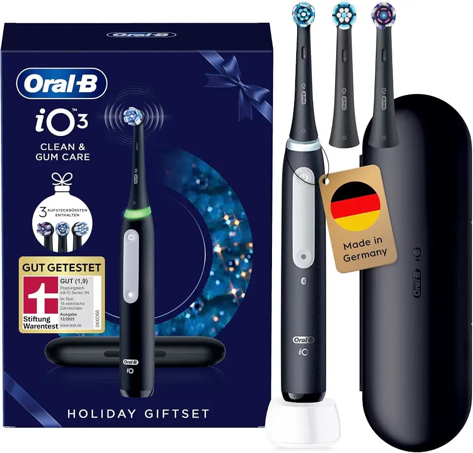 Oral-B iO Series 3 Elektrische Zahnbürste Geschenkset Edition — Electric Toothbrush Inkl. 3 Aufsteckbürsten, 3 Putzmodi für Zahnpflege — Designed by Braun, GUT GETESTET von STIFTUNG WARENTEST, Schwarz
