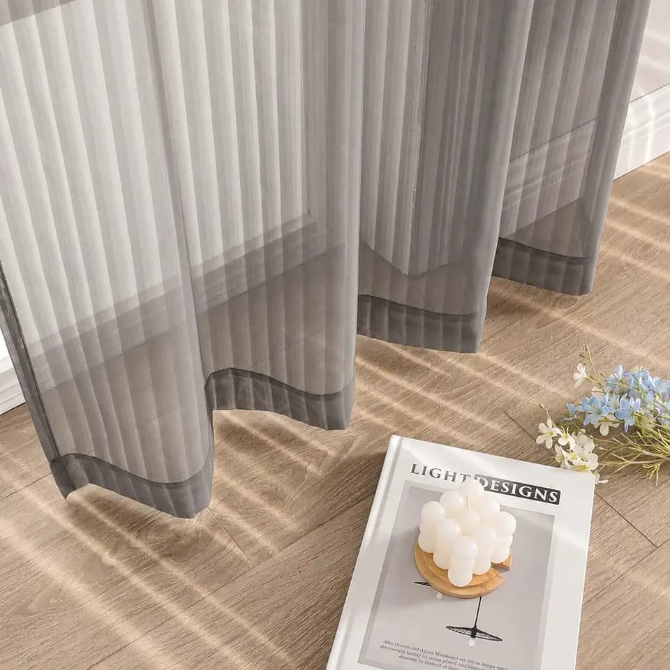 Striped Charcoal Grey Sheer Curtains - Light Filtering Semi Sheer Window Curtains for Bedroom Living Room, Rod Pocket Soft Airy Window Treatment Drapes, 2 Panels, Each 42Wx54L Inches