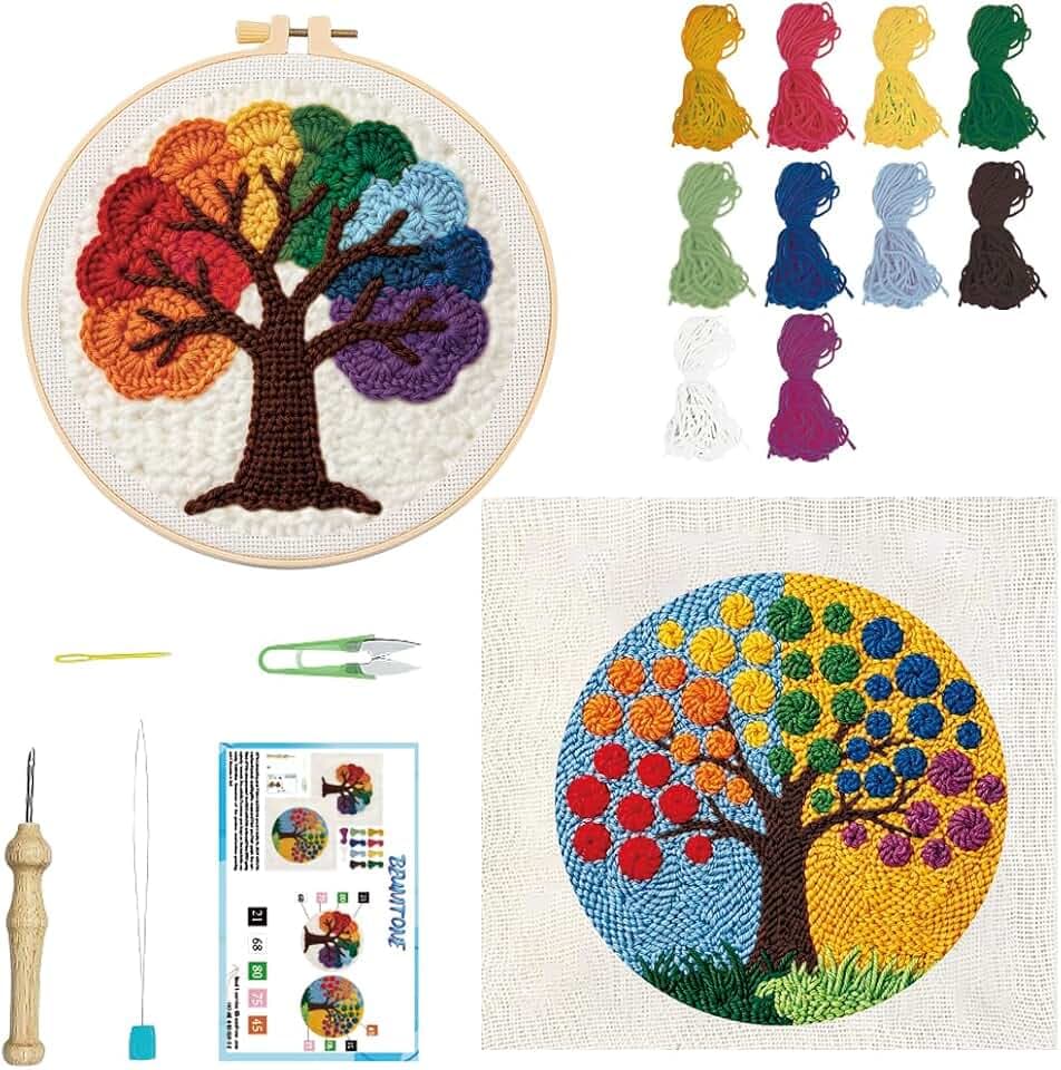 BEUNITONE 2PCS Punch Needle Kit for Adults Beginners, Rainbow Tree of Life Needlepoint Crafts Kit for Adults, Complete Embroidery Starter Kit with Pre-Print Pattern and Hoop for Home Decor 7.9"x7.9"