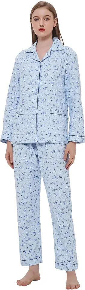GLOBAL Damen Schlafanzug Langarm, Flanell aus 100% Baumwolle mit Taschen