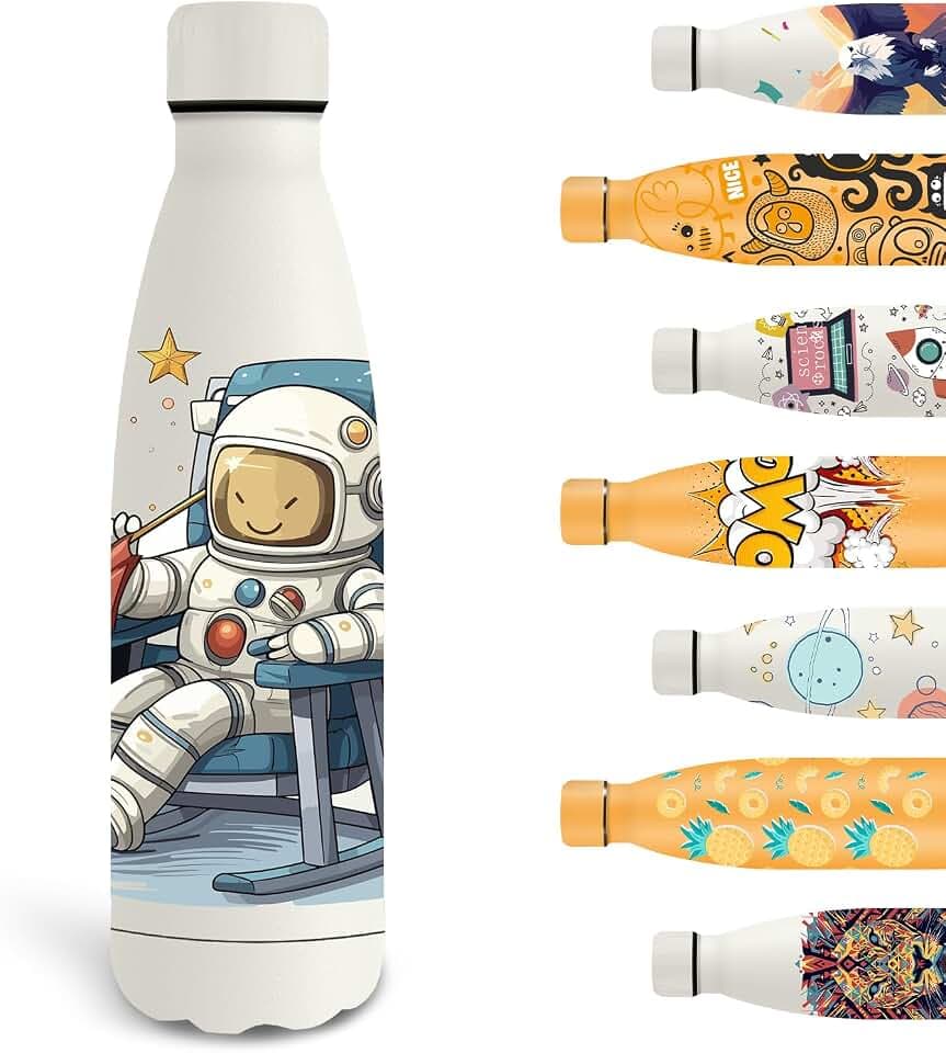 Grsta Trinkflasche 500ml, Trinkflasche Edelstahl BPA-freie, Wasserflasche für Kohlensäurehaltige Getränke, Trinkflasche Personalisiert mit Astronaut-Muster, Thermosflasche für Schule, Camping, Weiß