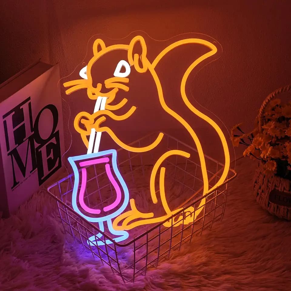 Squirrel Cocktail Neon Sign for Wall Decor Orange Squirrel Neon Light Bar LED Signs Animal LED Light for Bedroom Man Cave Business Club Game Room