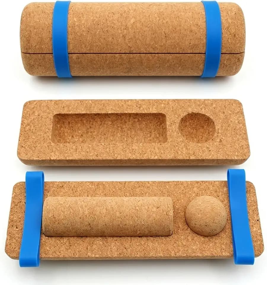 Balance Board Set mit Fußtrainer, Gleichgewichtstrainer aus Naturkork, 4-in-1 System mit Massagerolle und Ball, Zehenwiderstandsband, für Fußschmerzlinderung, Stabilität, Reha & Yoga