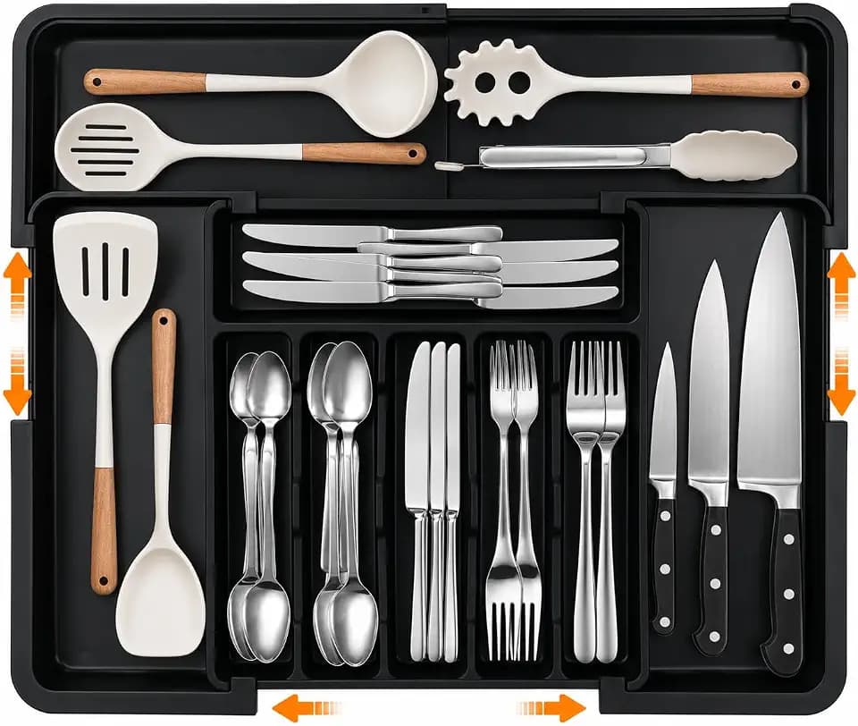 Besteckkasten für Schubladen, erweiterbarer großer Besteckkasten für die Küche, Verstellbarer Besteckeinsatz für Schubladen, Kunststoff Küchenzubehör, Trenneinsatz, groß,