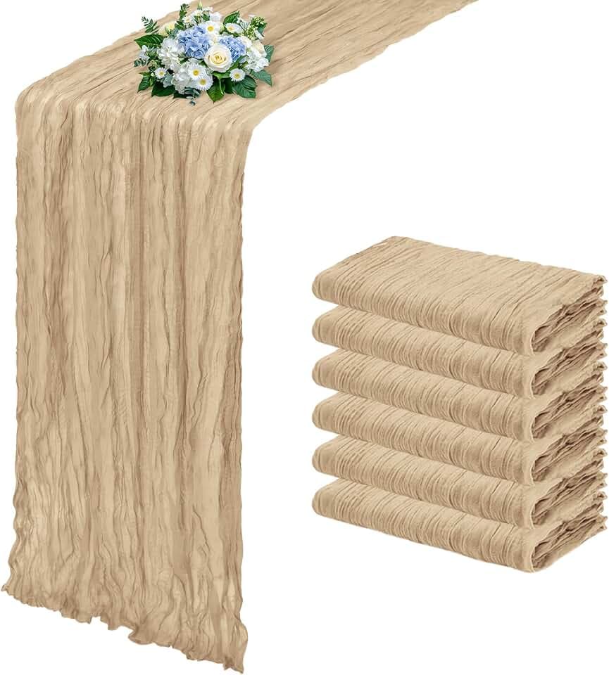 6 Pack Beige Cheesecloth Table Runner 17x108 Inch Semi Sheer Boho Gauze Cheese Cloth Fabric Table Runners, for Wedding Party Baby Shower Birthday Home Decor Garden Farmhouse
