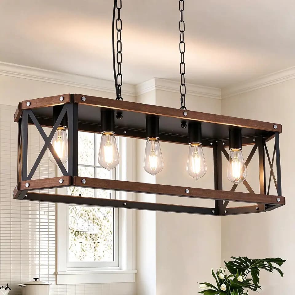 5-Light Farmhouse Rectangle Island Light, Rustic Dining Room Light Fixture