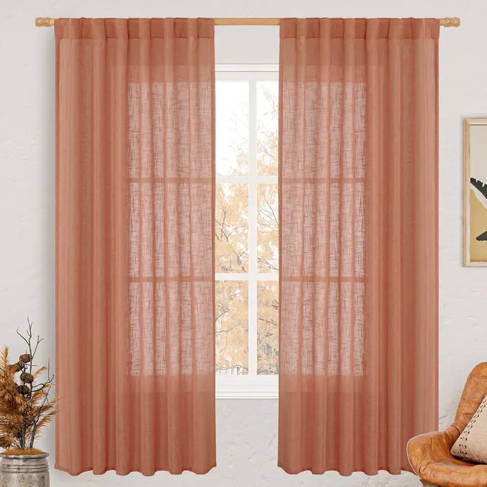 LAMIT Terracotta 72 inch Semi Sheer Linen Curtains for Living Room