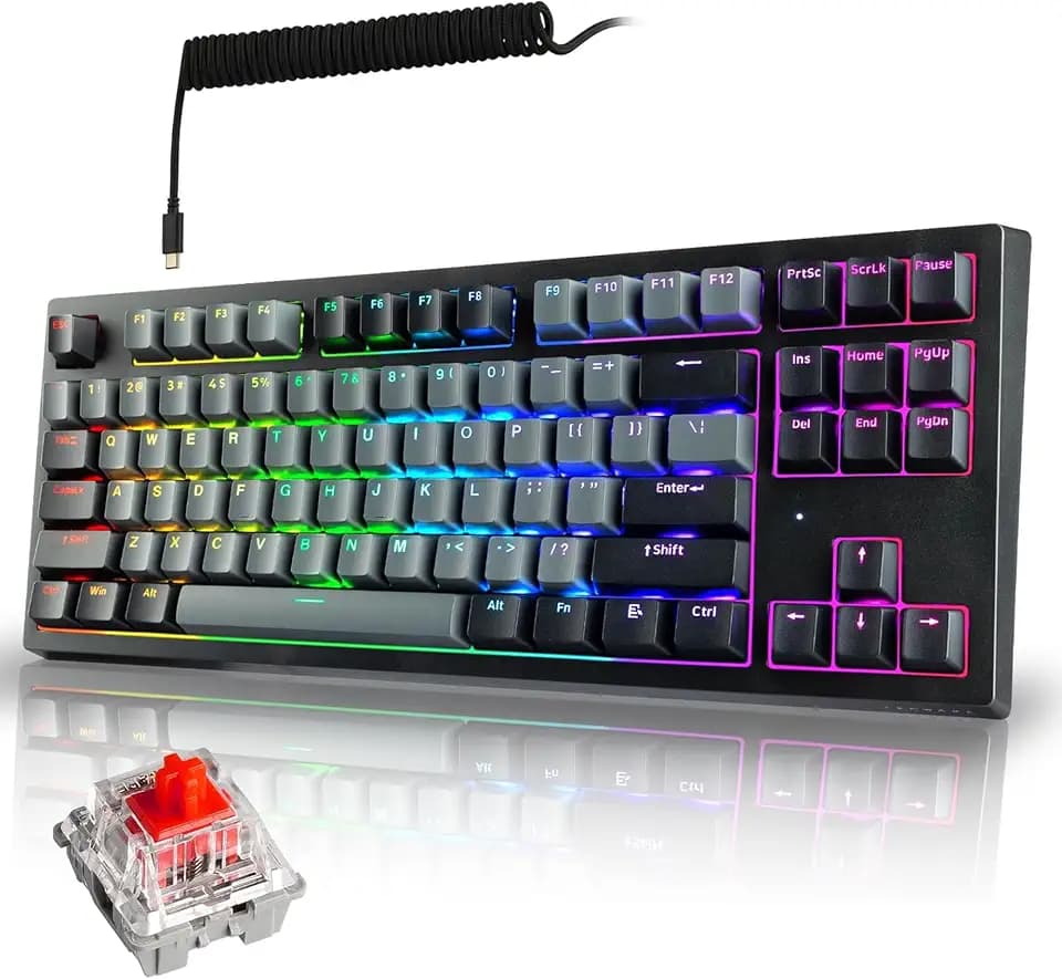 TECWARE Phantom+ Elite 87 Key RGB Mechanical Gaming Keyboard | 3 Mode Wireless Bluetooth 5.0 2.4GHz & USB C Wired | Hot Swappable 5 Pin | Double Shot PBT Keycaps | Wraith Red Switch - Black