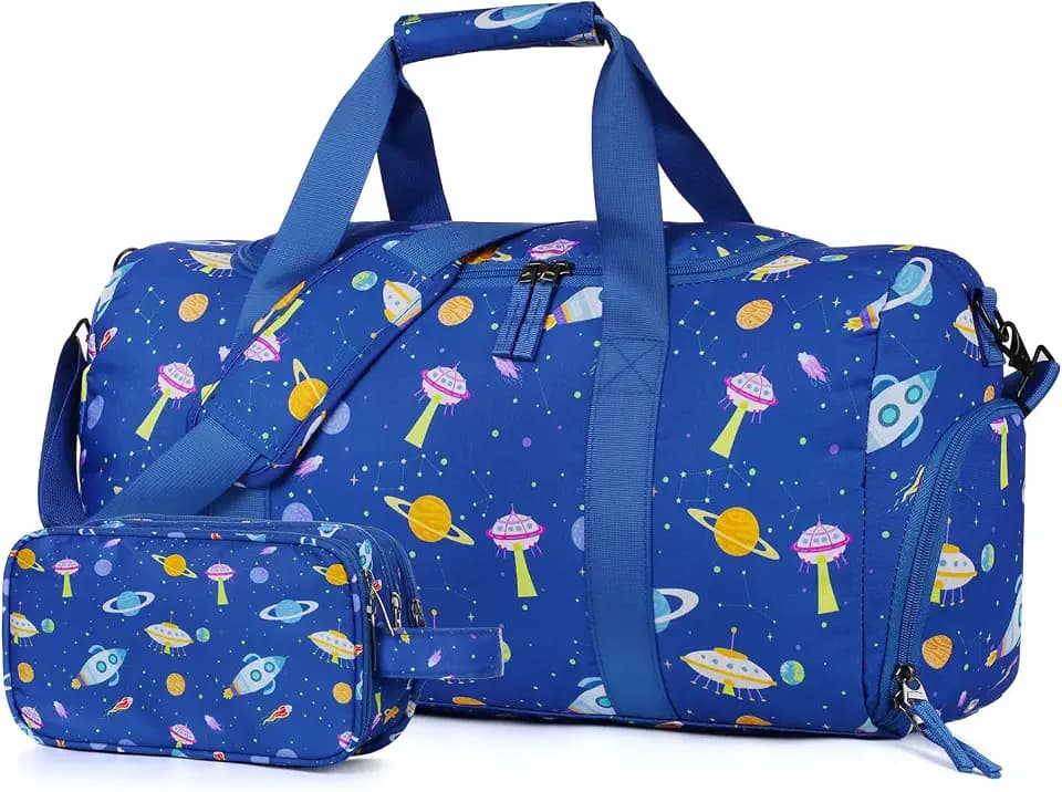 Boys Duffle Bag for Travel, Kids Duffle Bag Large Weekender Overnight Bags with Kids Toiletry Bag Set Shoe Compartment Carry on, Space Blue