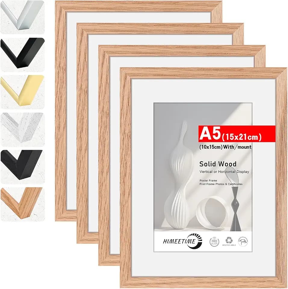 HIMEETIME® 4x Bilderrahmen DIN A5 15x21 cm,aus massivem Eichenholz,Natur Eiche Holz Rahmen Display 10x15cm Bild mit Passepartout | für Wandbehänge oder Tischdekoration