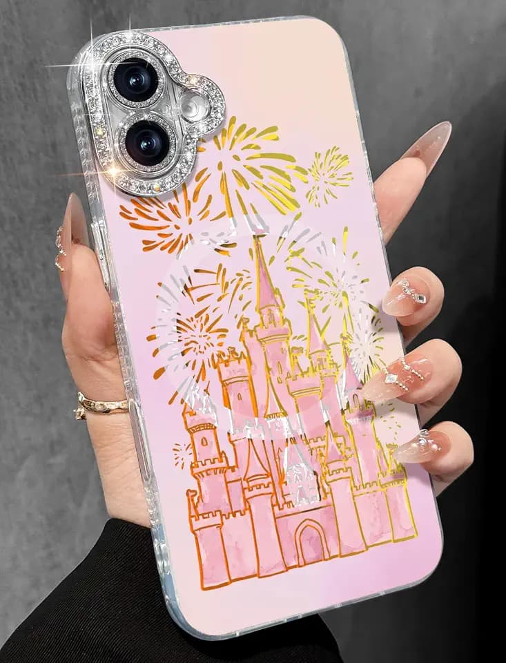 Toycamp for iPhone 16 Pro Case - Compatible with Magsafe Aesthetic Cute Fireworks Castle Laser Holographic i 16 Pro Case with Diamond Bling Lens Protector for Apple 16 Pro Cover for Women Girls