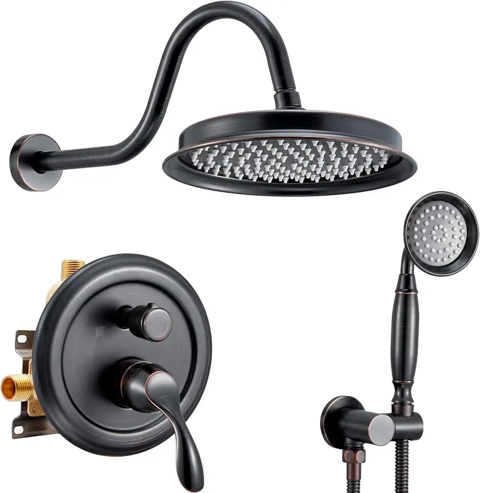 DASAN Rain Shower System Antique Shower Faucet Complete Sets, Shower Fixtures Combo with Pressure Balance Valve, Trim Kit, 9’’ Rainfall Overhead Shower & Handheld, Oil Rubbed Bronze
