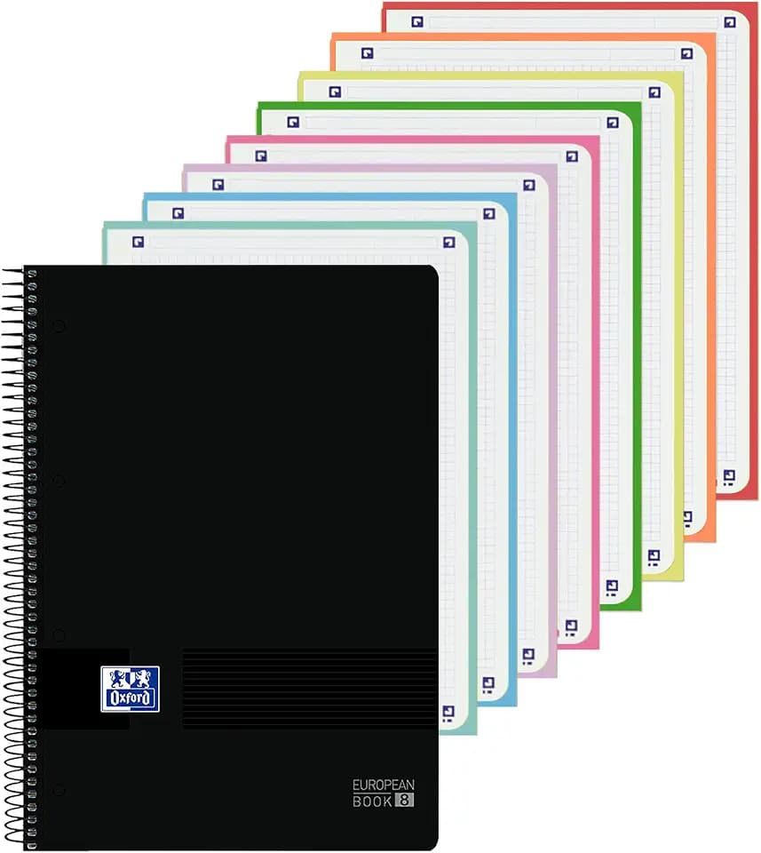 Oxford Notizbuch A4, 5 x 5, Kunststoffeinband, 8 Farbbänder, Mikroperforierte Blätter, Schwarz
