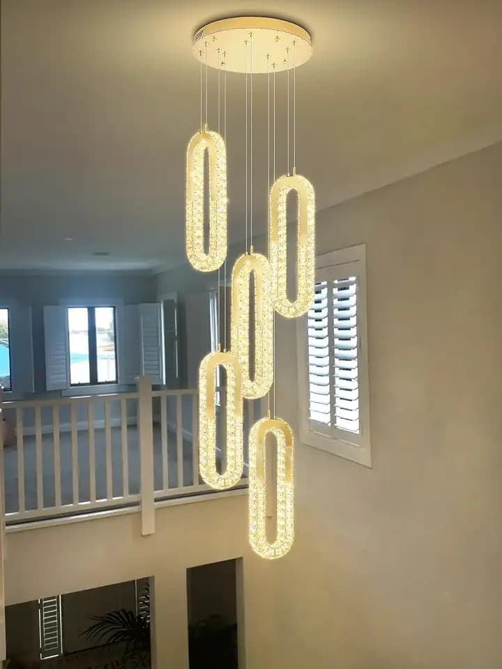 ykolupty Modern LED Chandelier 5 Ring Gold LED Pendant Light Adjustable Height Hanging Chandelier for Staircase Foyer,Entryway