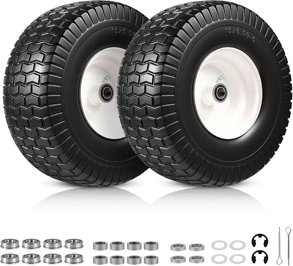 15x6.00-6 Flat Free Lawn Mower Tire and Wheel, 15x6-6 Front Tire Assembly