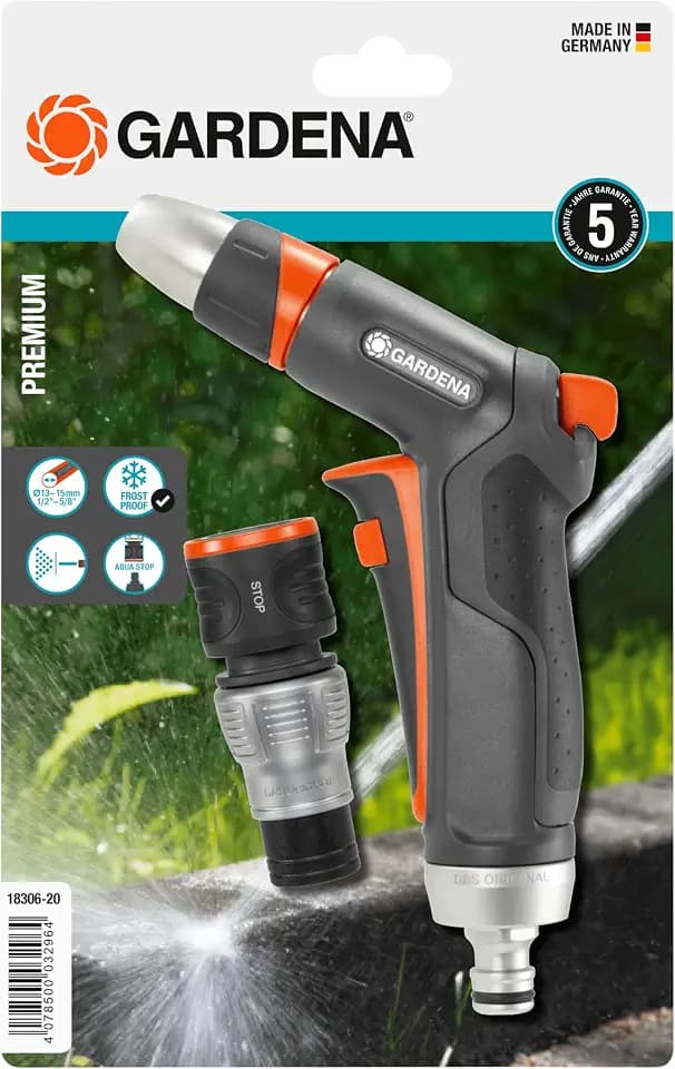 Gardena Premium Reinigungsspritzen-Set: Robuste Reinigungsspritze und Wasserstop-Anschlussstück, praktisches Bewässerungs-Set, Frostschutz, Plastic (18306-20)