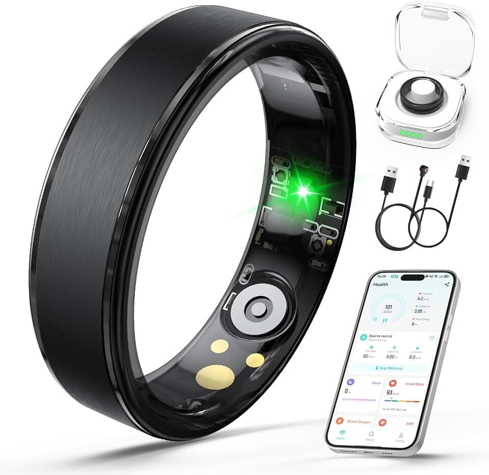 Smart Ring for Women Men, Health Fitness Tracker Ring with Heart Rate/Sleep Tracker/Blood Oxygen/HRV/Stress/Calorie/Steps, Waterproof Health Ring for iOS & Android, No APP Fees(Black,7#)
