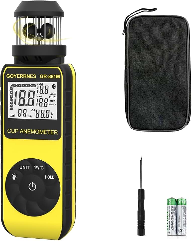 Digitaler Anemometer Windmesser Handheld mit Wind Cup Anemometer Tragbarer GR-881M Geschwindigkeitsmesser mit Kompass und Temp(℃/℉) Messung der Luftgeschwindigkeit Luftvolumen für Bootssegeln,Schießen