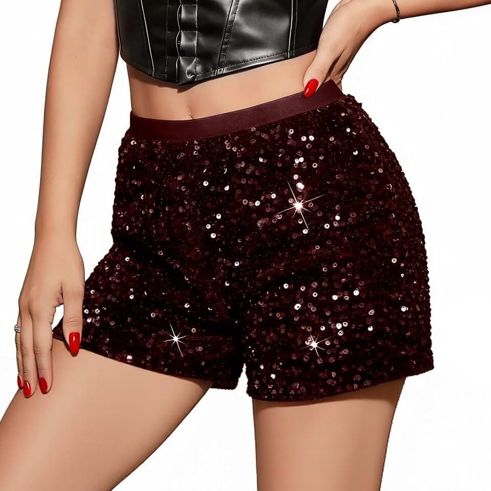 Damen-Shorts, glitzernde Pailletten, Party-Shorts, Glitzer-Hotpants mit elastischer Taille, Weihnachtsoutfit Clubwear, Tanzen