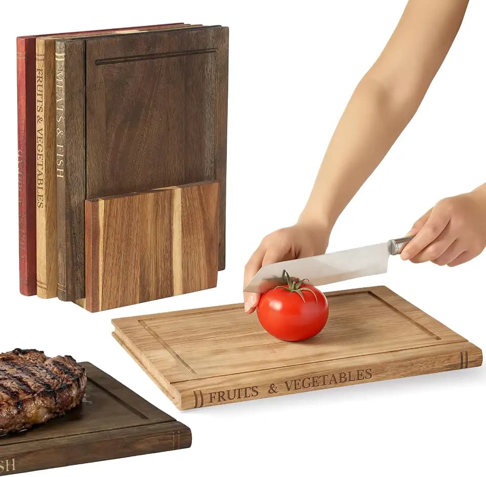 Book Cutting Board Set，100% Acacia Wood，Each Set Comprises Three Pieces, Including a Wooden Stand