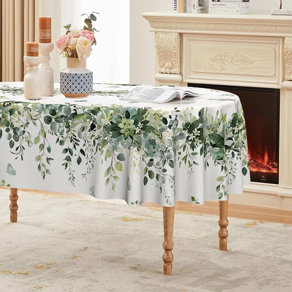 Horaldaily Spring Tablecloth 60 x 84 Inch Oval Green Eucalyptus Seasonal