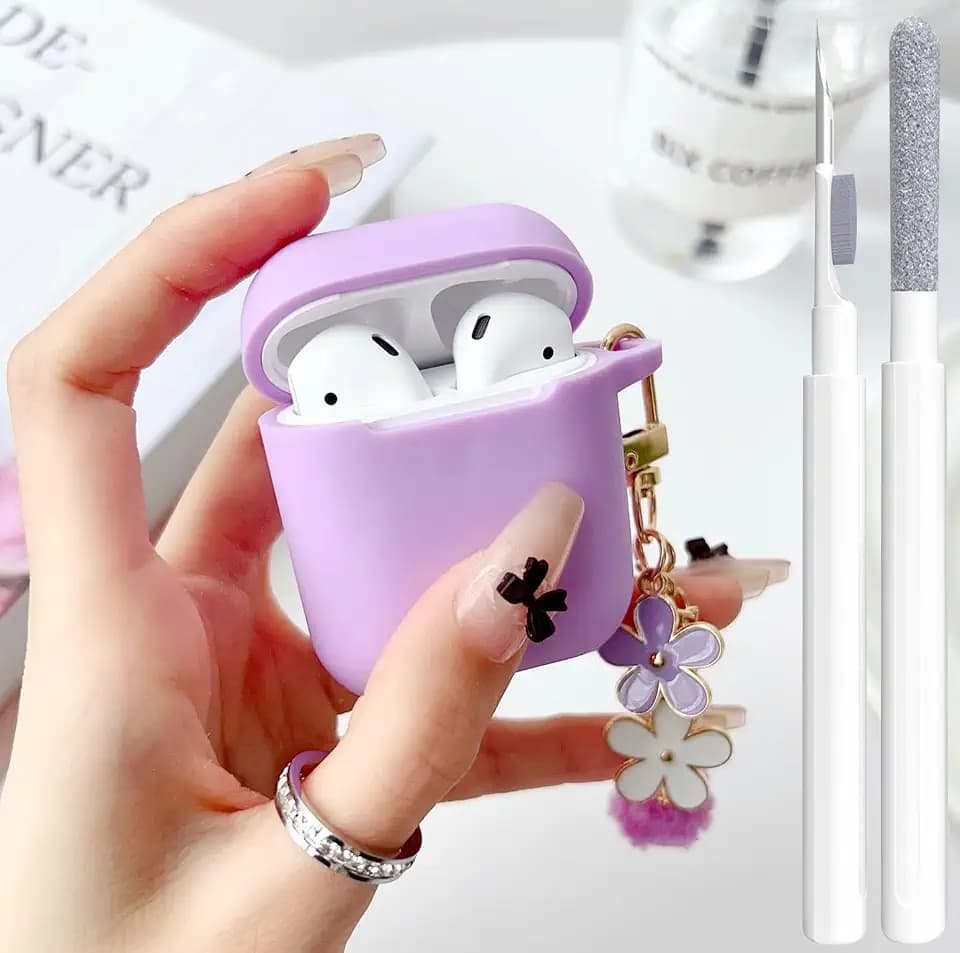 Cute Purple Case for Airpods 2nd/1st Generation Cover for Girl Women with Pom pom Flower Keychain & Cleaner Kit, Soft Silicone Airpods iPod 2nd/1st Gen Protective Cover Skin for Airpods 2/1 Gen