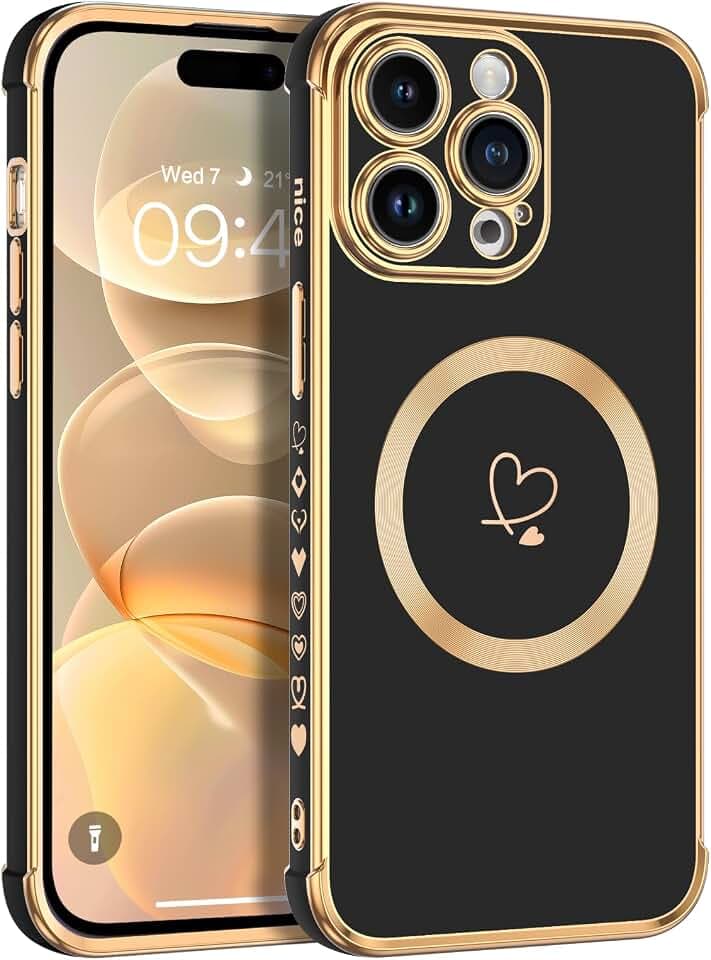 Telaso Magnetische Hülle für iPhone 15 Pro Max, Handyhülle für iPhone 15 Pro Max Niedliches Herz Muster [ Kompatibel mit MagSafe ] Weiche Plattierung Abdeckung für Frauen, Schutz der Kamera, Schwarz