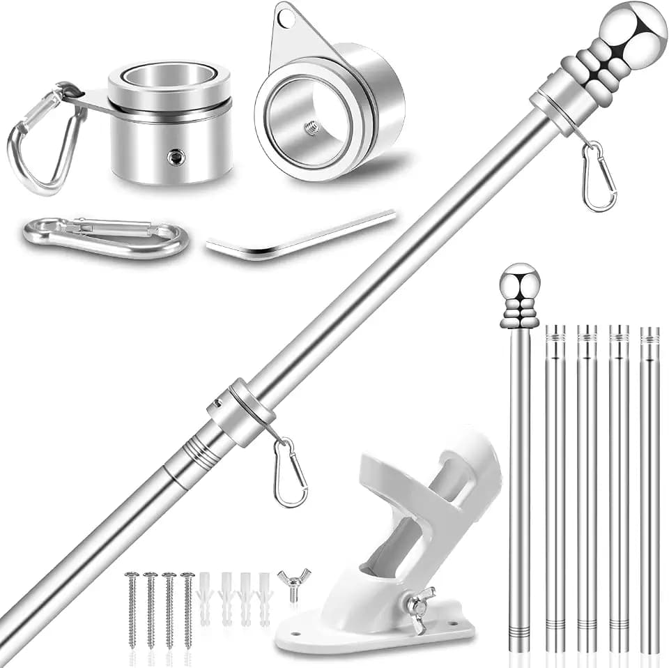 6 FT Metal Flag Pole Kit for Outside House w/ 2-Position Holder Bracket & 360° Rotating Flagpole Rings, 1" Stainless Steel Spinning Outdoor Porch Wall Mounted Flag Poles for 3x5 4x6 Flag(6 FT, Silver)
