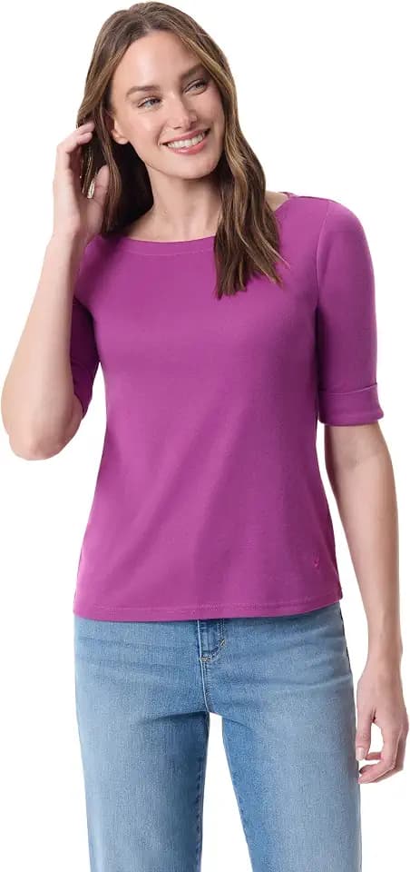 Gloria Vanderbilt Women's Alanis Boat Neck Knit Tee Shirt with Elbow Sleeves Standard