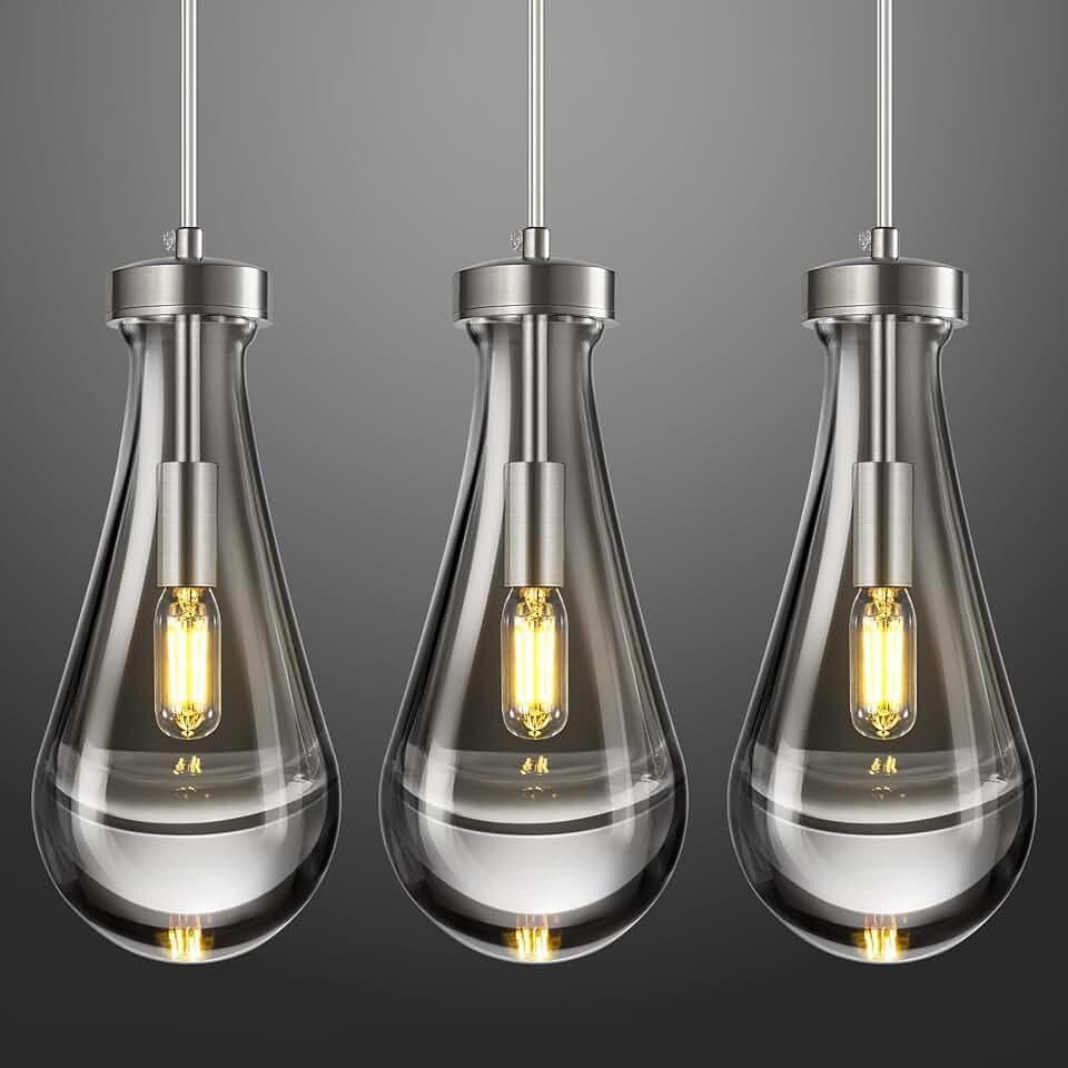 Raindrop Pendant Lights Kitchen Island Teardrop Nickel Hanging Light Fixtures Clear Solid Glass Pendant Light Modern Chandeliers for Dining Room Porch Corridor Living Room(3-Pack)