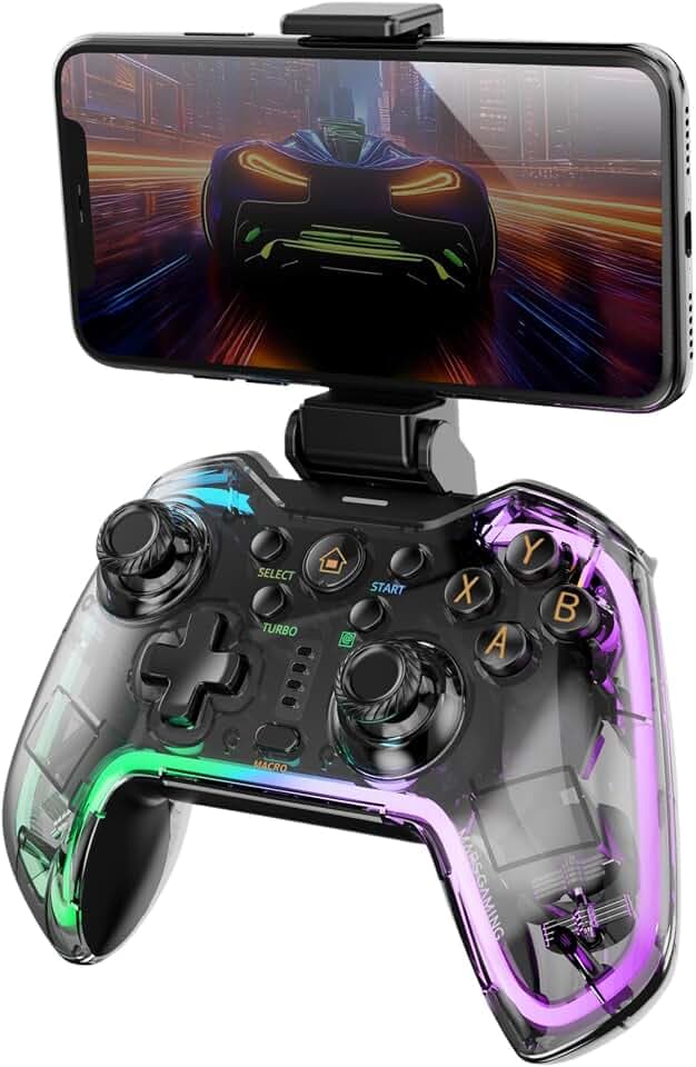 Mars Gaming MGP-BT2, Gamepad Bluetooth 5.0, RGB Neon, Smartphone-Halterung bis 7", Haptisches Feedback, Analoge Trigger, Makros, Switch, Switch 2, PC, Android, iOS, PS3, PS4, Transparent