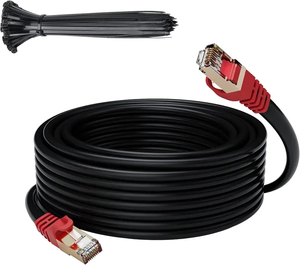 Cat 6E Cat 7 Outdoor Ethernet Cable 30 FT,Adoreen 10Gbps Heavy-Duty Shielded Internet Cable From 25-300FT,POE,SFTP,Waterproof Direct Burial&Indoor,Cat6A Cat7 Copper Network Cable RJ45 Patch Cord+Ties