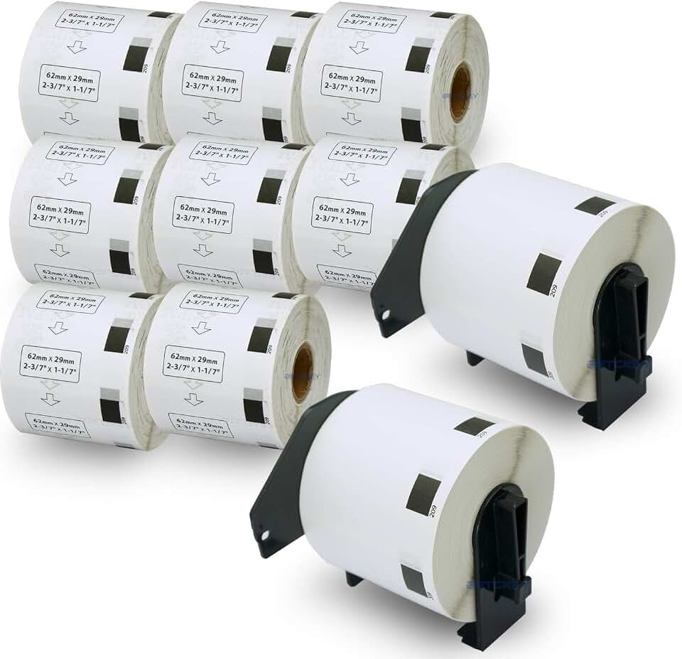 BETCKEY - 10 Rollen DK-11209 Kleine Adressetiketten Kompatibel mit Brother, 62mm x 29mm, 8000 Etiketten für Brother QL Etikettendrucker (2 Wiederverwendbare Etikettenhalter)