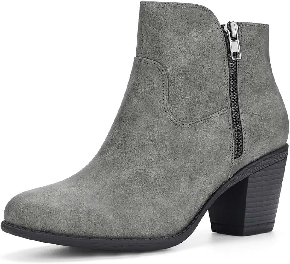 Allegra K Women Low Chunky Heel PU Round Toe Side Zipper Ankle Booties