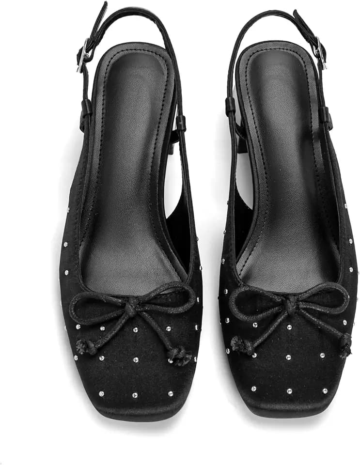 Slingback Ballet Pumps with Bow 2 Inch Studded Pump Low Block Chunky Heels Rhinestone Party Dessy Casual