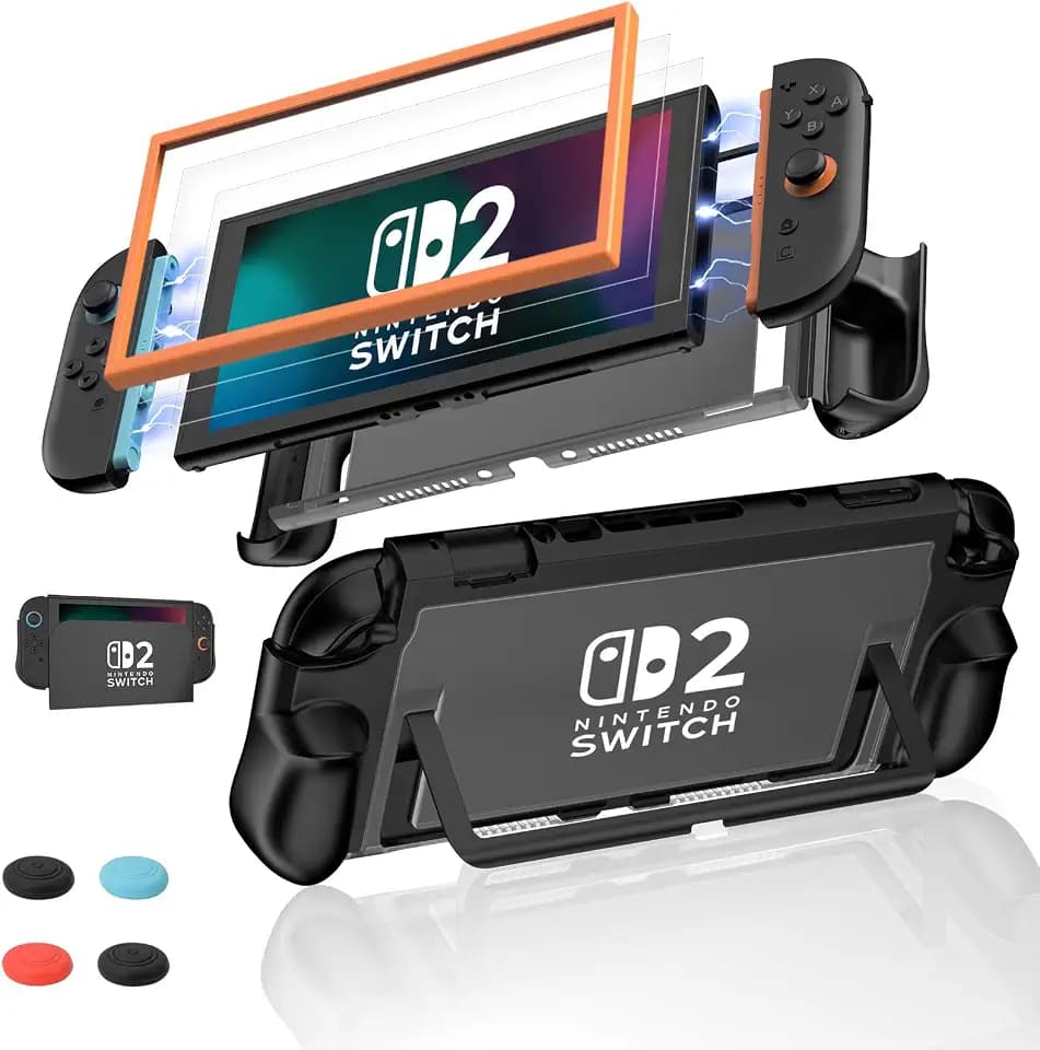 Reddening Switch 2 Case mit Ergonomischem Griff, Stoßfestes & Kratzfestes TPU Switch 2 Hülle, Dockfähig für TV-Modus inklusive 4 Silikon-Kappen, 2 Panzerglas & Halterahmen