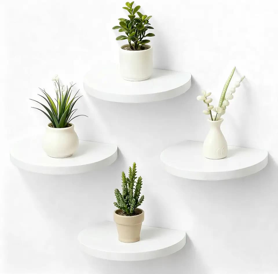 Small Wood Floating Shelves (4-Pack, 8-inch Diameter) - Round Sturdy Invisible Wall Mount Display for Small Plants,Toys,Bathroom,Living Room Storage & Modern Rustic Décor (White)