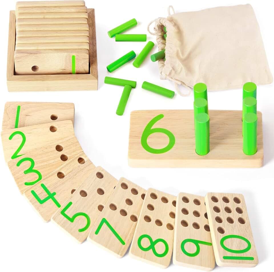 DINORUN Montessori Spielzeug ab 3 4 5 Jahre Holzspielzeug Motorikspielzeug Vorschule Spiele Mathe Spielzeug Kinderspielzeug mit Aufbewahrungstasche Geschenk Lernspiele ab 3 4 5 Jahre Junge Mädchen