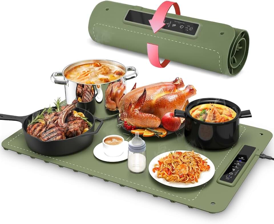 Mojimdo Warming Plate Wärmeplatte für Speisen – Lebensmittelechtes Silikon, 3 Temperaturstufen, vollflächige Erwärmung, flexibel aufrollbar & aufhängbar, ideal für Zuhause, Buffets & Partys – Grün