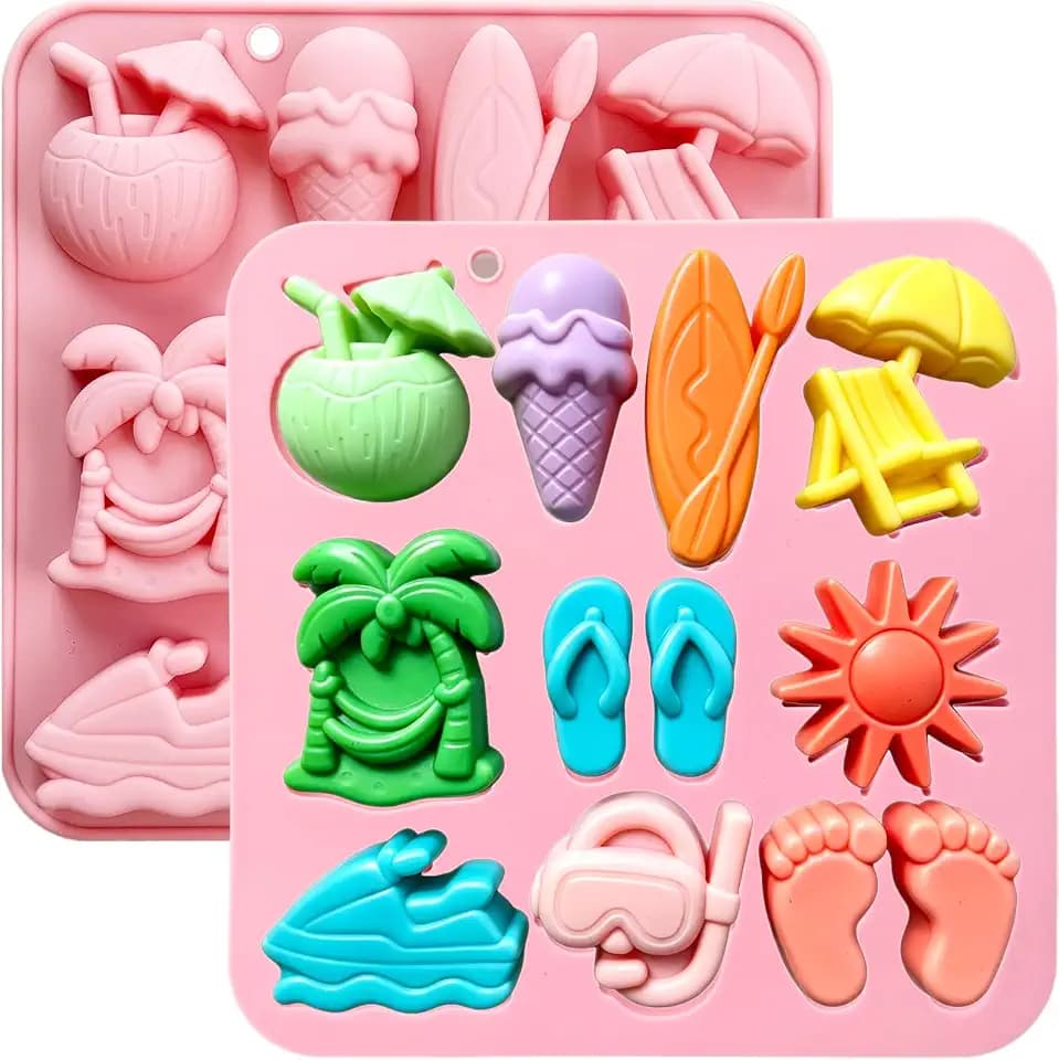 2 PCS Summer Beach Silicone Mold, 10 Cavity Tropical Beach Theme Silicone Mold for Chocolate, Candy, Gummy, Resin, Ice Cube, Cake Decoration Mold With Coconut Surfboard Palm Tree Mold for Summer Party