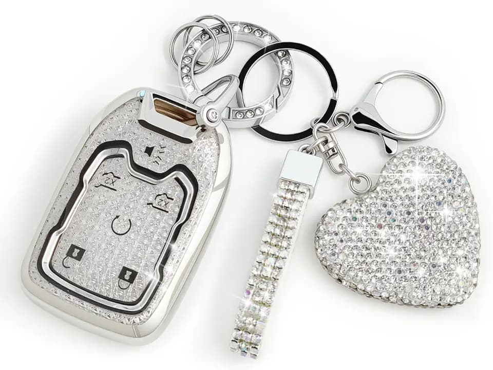 Key Fob Cover with Diamond, Compatible with GMC Yukon Chevy Suburban Tahoe 2015-2020 etc, Sparkling TPU Key Case and Elegant Heart Decoration for Women (6 Button, Silver)