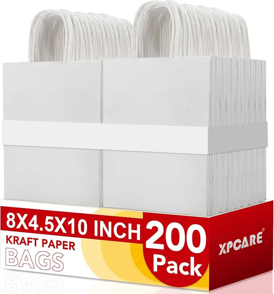 XPCARE White Paper Bags with Handles, 200Pcs 8x4.5x10In Kraft Paper Bag