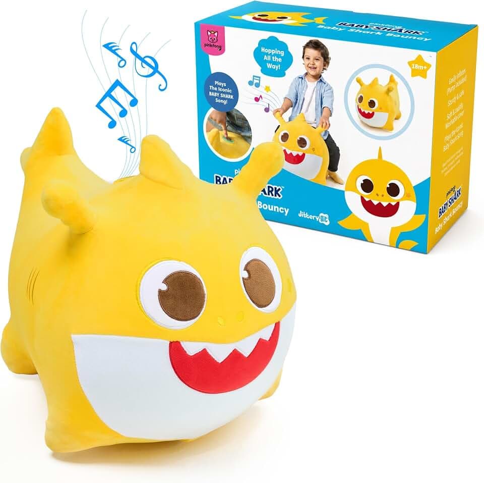 JITTERYGIT Baby Shark Pinkfong Official Bouncy Hopper Plush Musical Singing Toy - Inflatable Animal Ride On - Birthday Gift for Kids & Toddlers (Boys & Girls) Ages 18+ Months (Yellow)