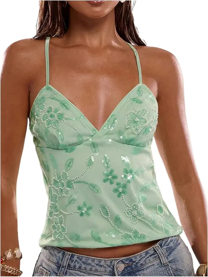 SOLY HUX Women's Y2K Sequin Cami Top Criss Cross Backless Going Out Tops