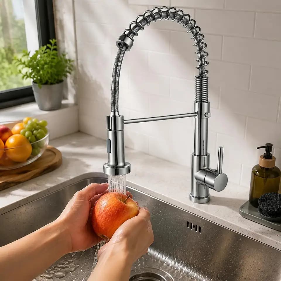 Wasserhahn Küche, Federhahn aus gebürstetem mit Pull Down Sprühkopf,Spültischarmatur 360°Drehung Geeignet für Küchen Drahtziehen