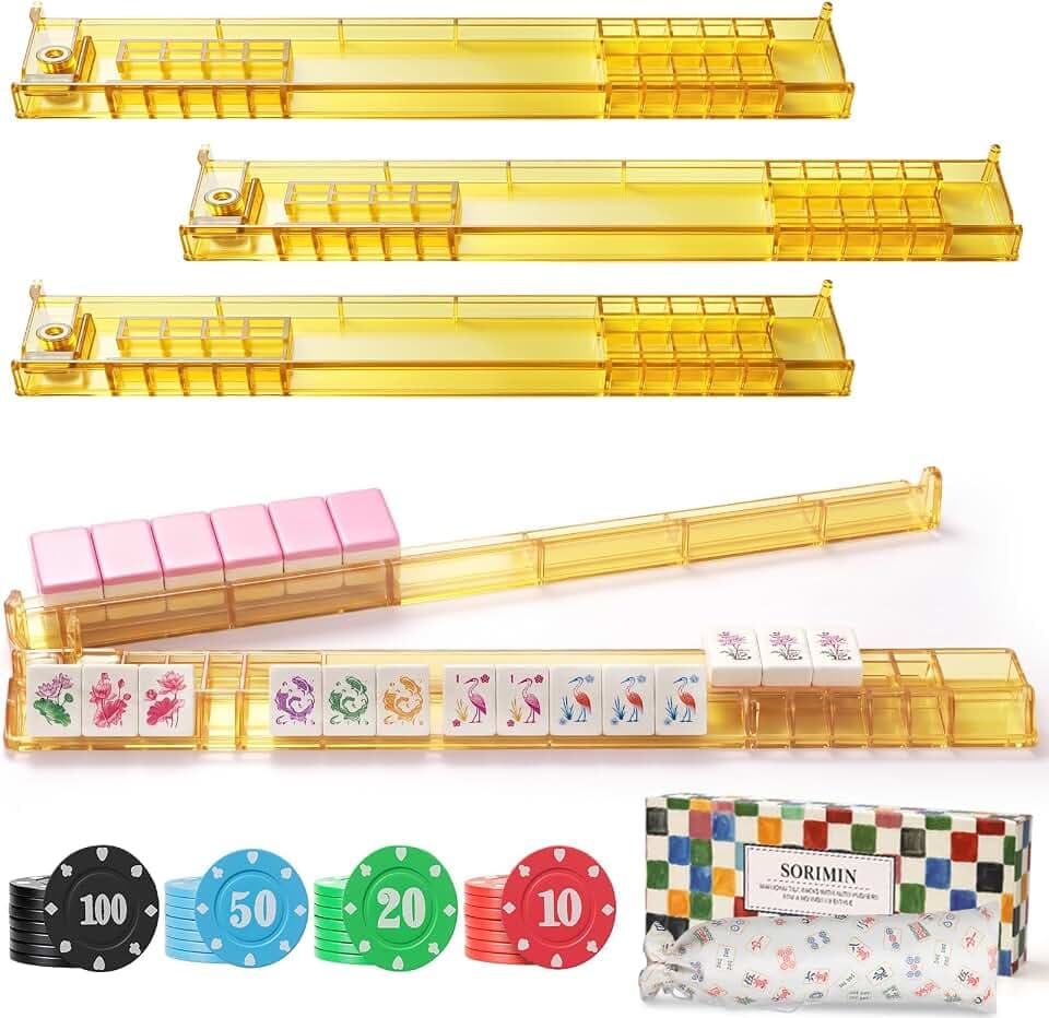 JBER Non-Slip Acrylic Mahjong Racks with Pushers & Chips, 4 Pack(Yellow)