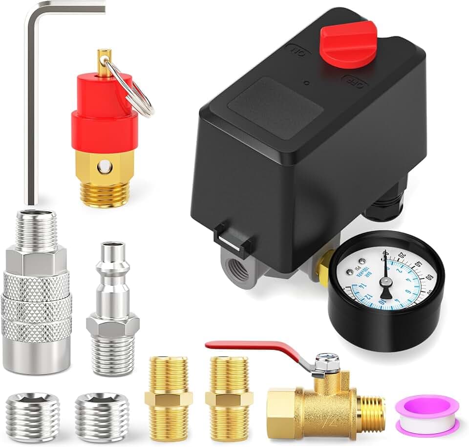 4 Way Air Compressor Pressure Switch Control Valve Kit 120-150 PSI, 110V-240V Replacement Parts, With 0-200 Pressure Gauge and Safety Pressure Relief Valve