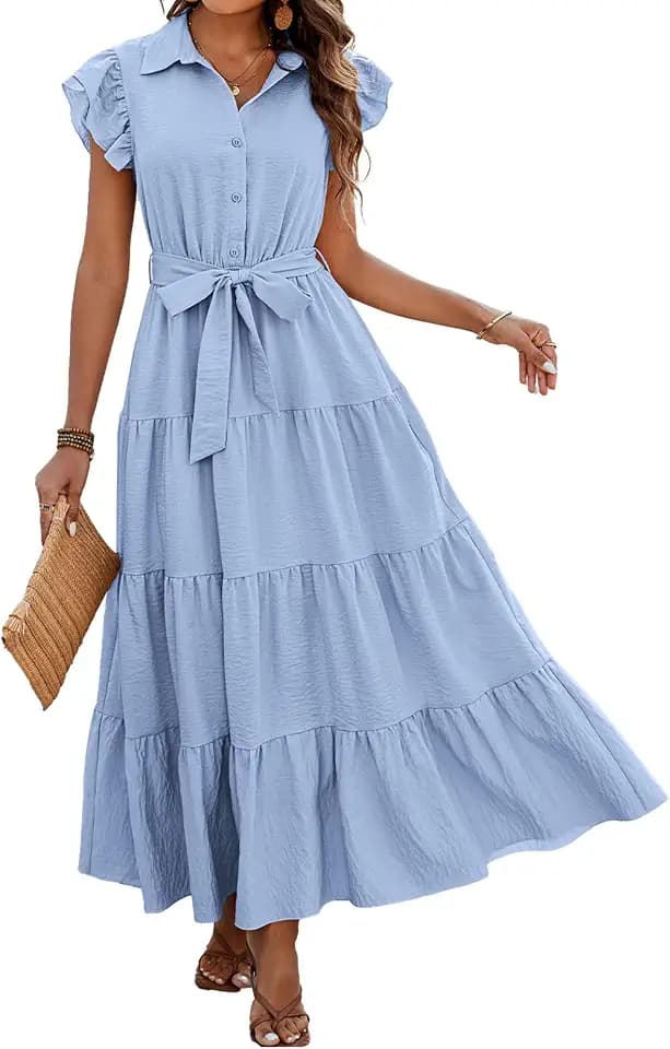 dowerme Women Ruffle Sleeve Button Belted Boho Maxi Dress
